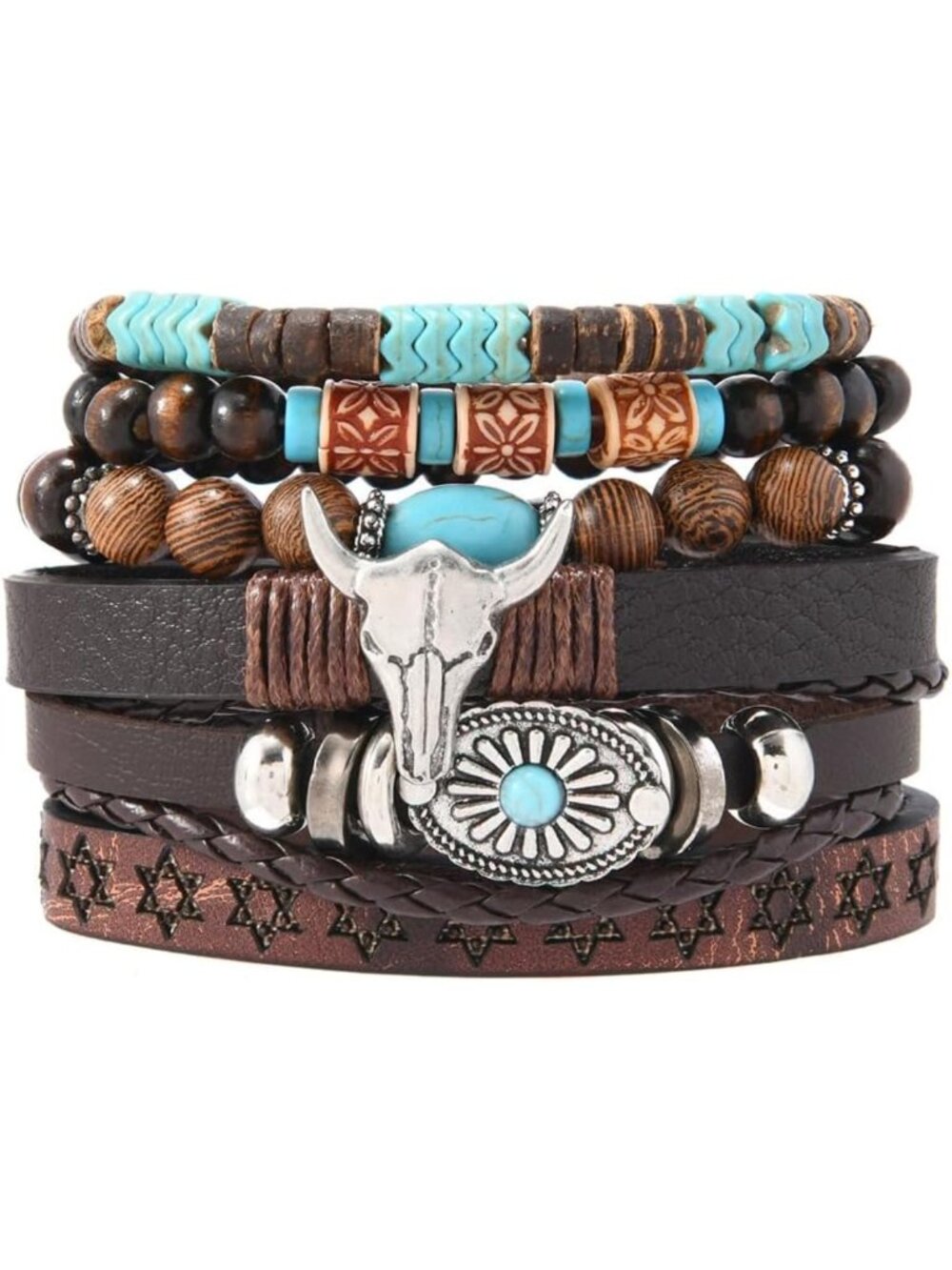 Western Turquoise Beaded Bracelet Stack Cow Head Charm Faux Leather Boho Set